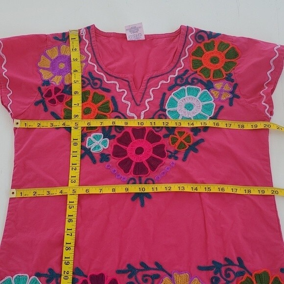 VINTAGE Hot Pink Chainstitch Embroidered Floral Clap Sleeve Shirt Large - Picture 8 of 9